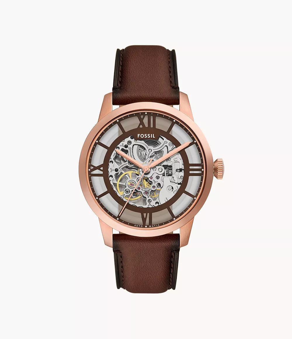 Fossil Townsman automatic skeleton dial watch with rose gold case and brown leather strap