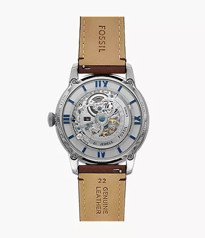 Fossil Townsman ME3267 automatic with skeleton dial, blue numerals, and tan leather strap
