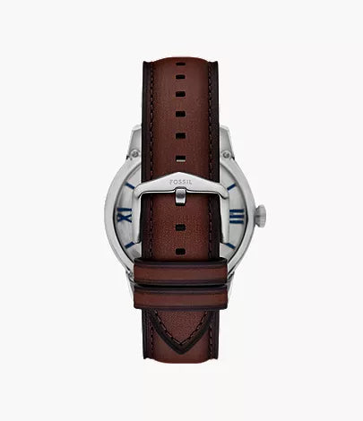 Fossil Townsman ME3267 case back showing brown leather strap with stitching detail
