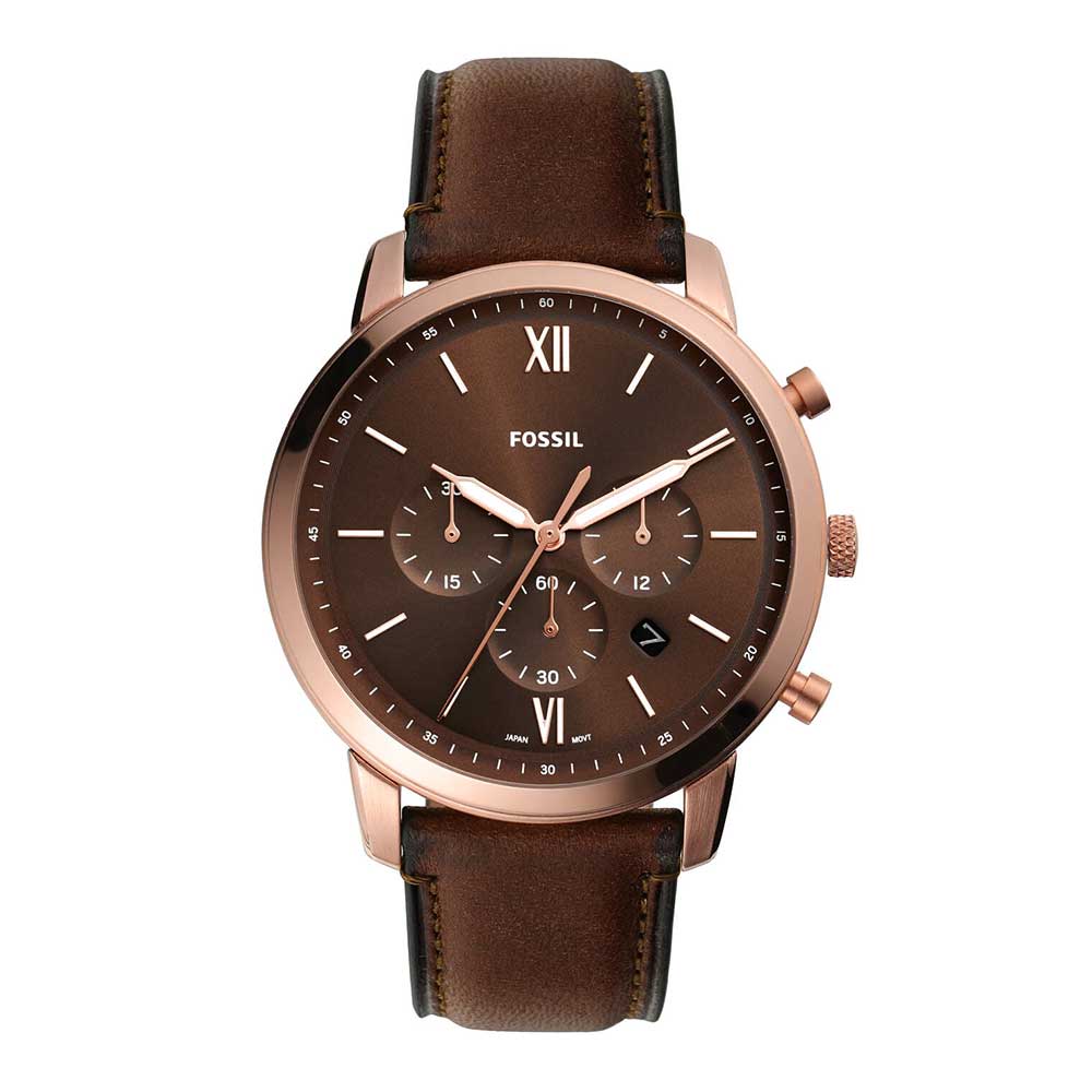 Fossil Neutra chronograph watch with rose gold case, brown dial, and brown leather strap