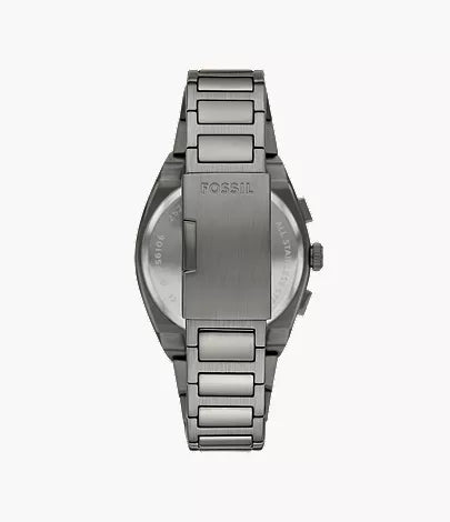 Fossil Everett Chronograph smoke stainless steel watch back showing case and bracelet