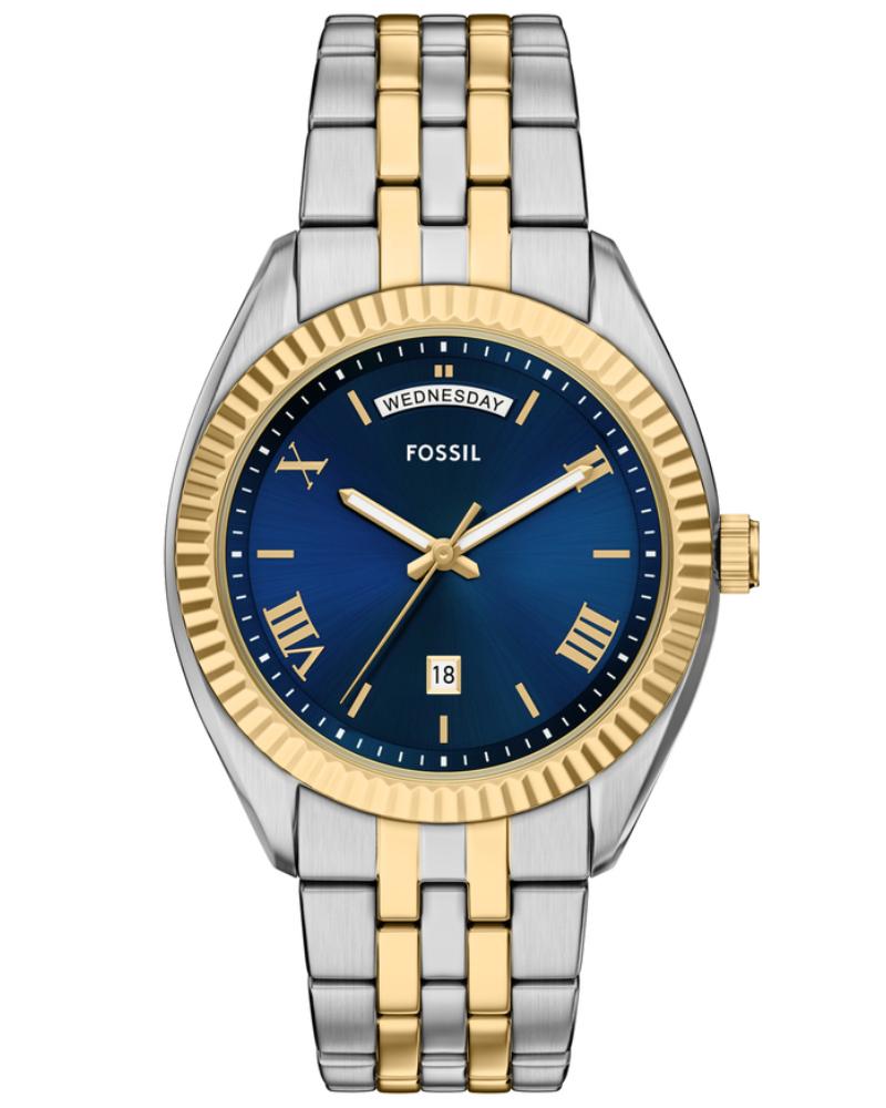 Campbell two-tone stainless steel watch with blue dial, day-date window, and Roman numeral markers