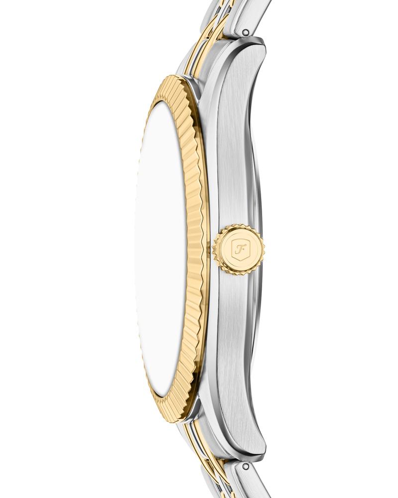 Side profile of Campbell watch showing two-tone stainless steel case and bracelet