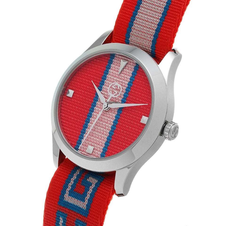 G-Timeless 38mm watch side angle showing dial and red striped strap