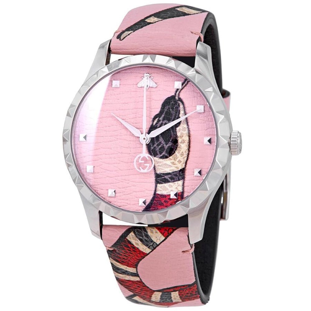 G-Timeless 38mm unisex watch with pink dial and snake pattern strap