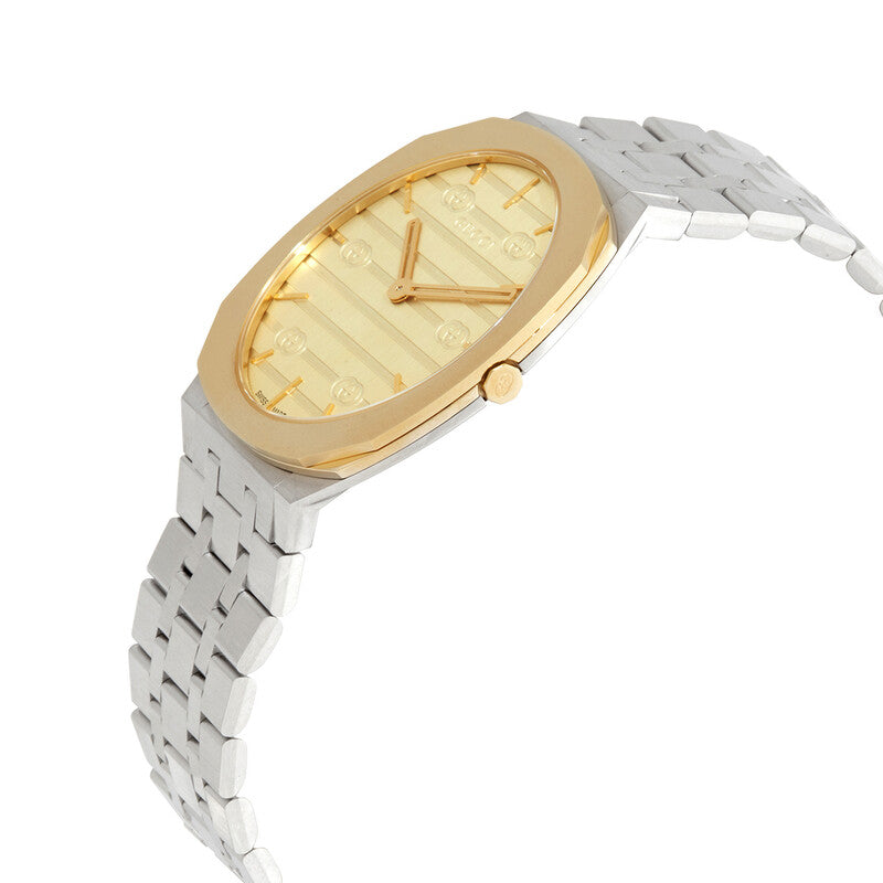 Gucci 25H women's watch at angle showing gold dial with GG pattern and stainless steel bracelet