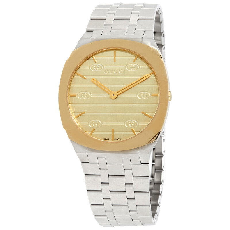 Gucci 25H quartz women's watch with gold dial, gold bezel, and stainless steel bracelet
