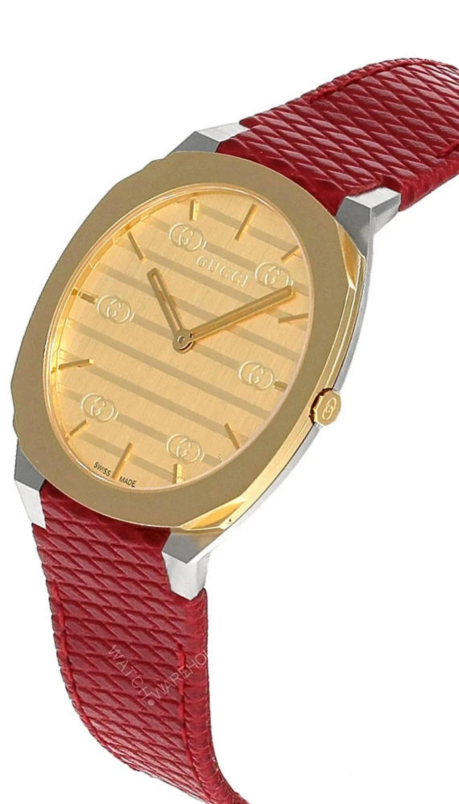 Gucci 25H watch angled view showing golden brass case and red textured leather band