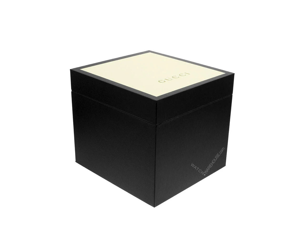 Gucci luxury watch box with cream colored lid and black packaging