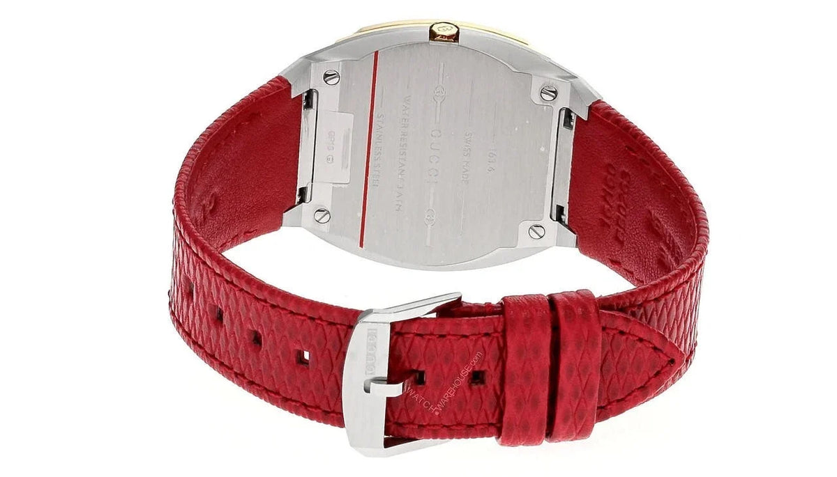 Gucci 25H watch caseback and strap showing stainless steel case and buckle