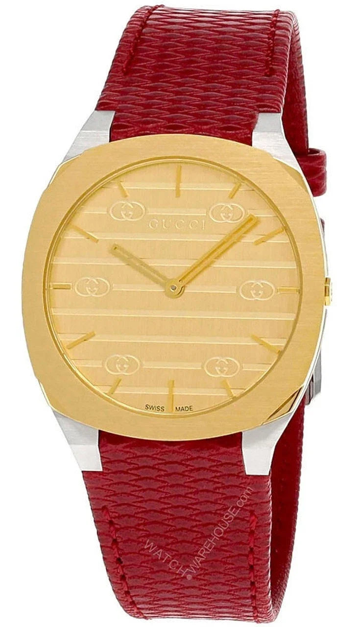 Gucci 25H unisex watch with golden dial, GG logo pattern, and red leather strap