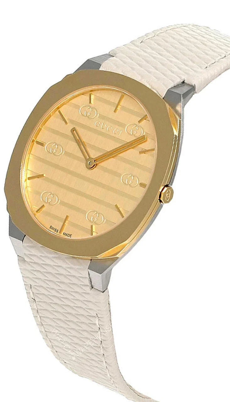 GUCCI 25H 34MM QTZ SS Golden Brass Dial White LTHR Unisex Watch YA163416