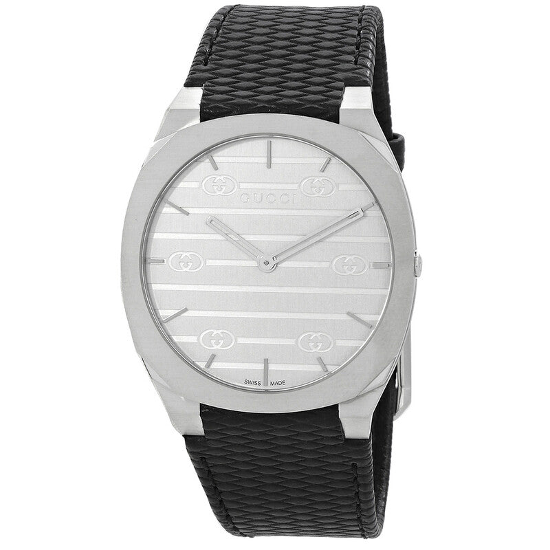 GUCCI 25H 38MM Quartz Silver Brass Dial Leather Ladies Watch YA163419