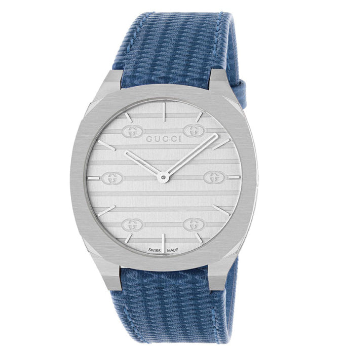 Gucci 25H Silver Dial Watch Blue Leather Strap YA163422