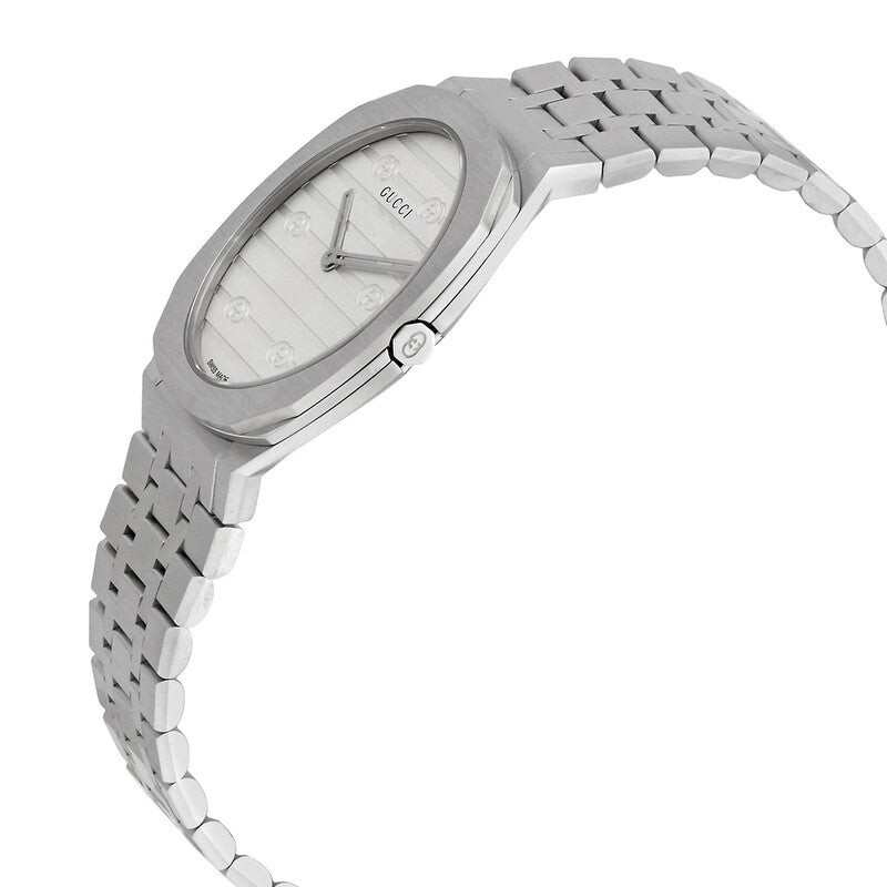 Side angle view of Gucci 25H ladies watch showing stainless steel link bracelet