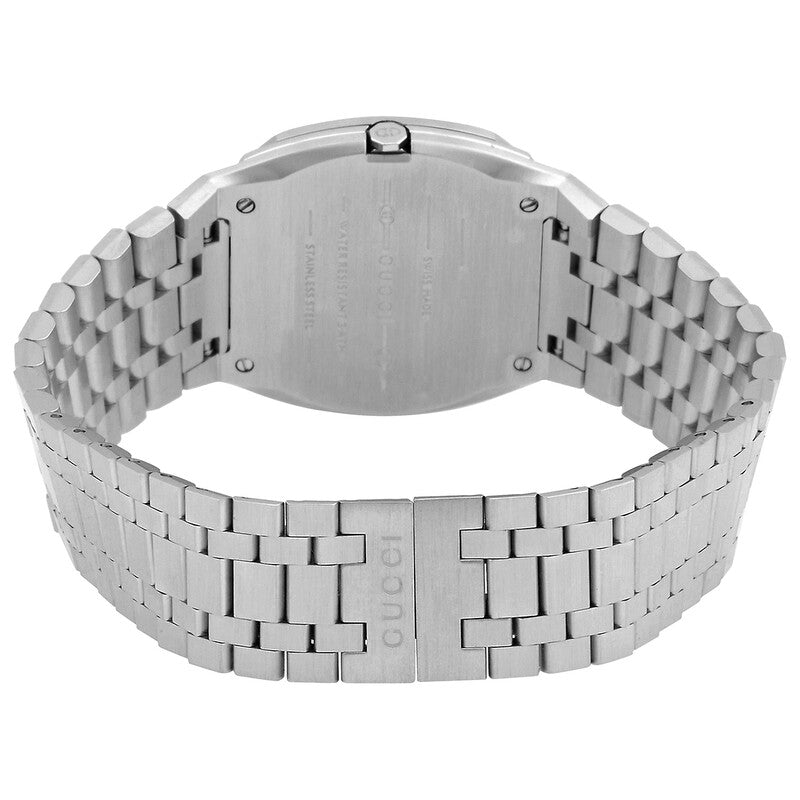Back view of Gucci 25H watch showing stainless steel caseback and link bracelet