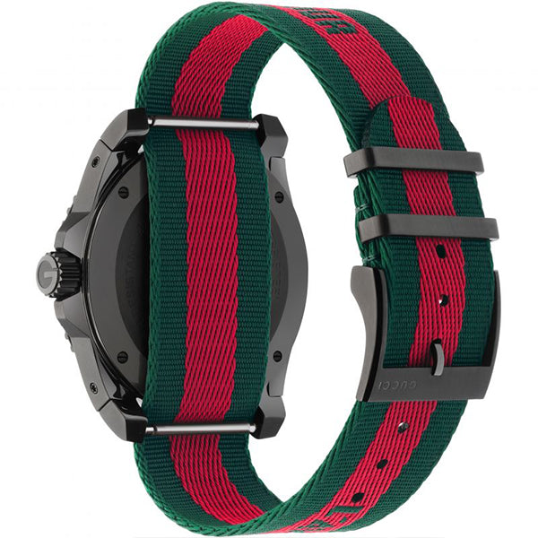 Gucci Coupe chronograph watch worn on wrist showing square case and striped NATO strap