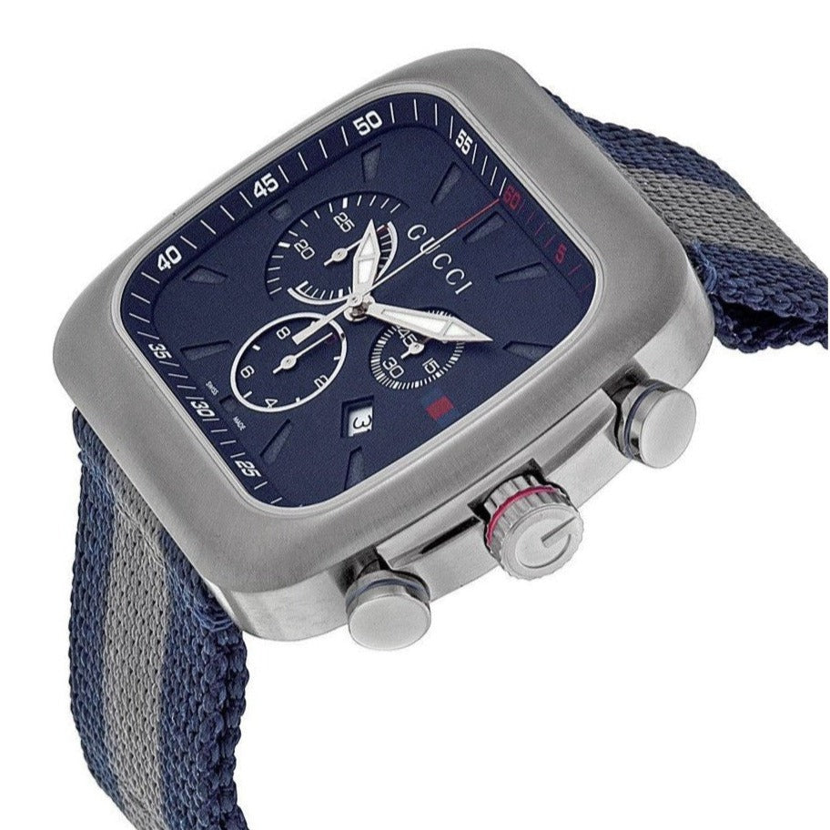 Angled view of Gucci Coupe chronograph with blue dial and chrono subdials on navy NATO strap