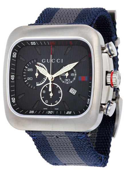Gucci Coupe chronograph watch with blue dial, stainless steel case, and navy NATO strap
