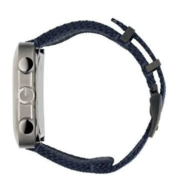 Side view of Gucci Coupe watch showing case profile and navy NATO strap with buckle
