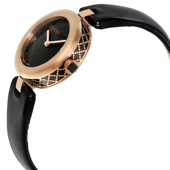 Gucci Diamantissima watch side view showing rose gold case and decorative diamond-set bezel