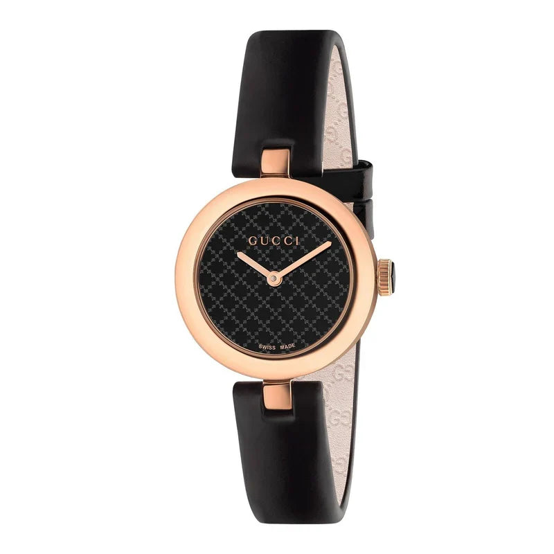Gucci Diamantissima ladies watch with rose gold case and black dial on black leather strap