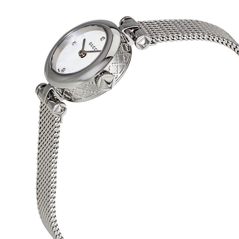 Gucci Diamantissima watch at angle displaying mesh strap and case profile