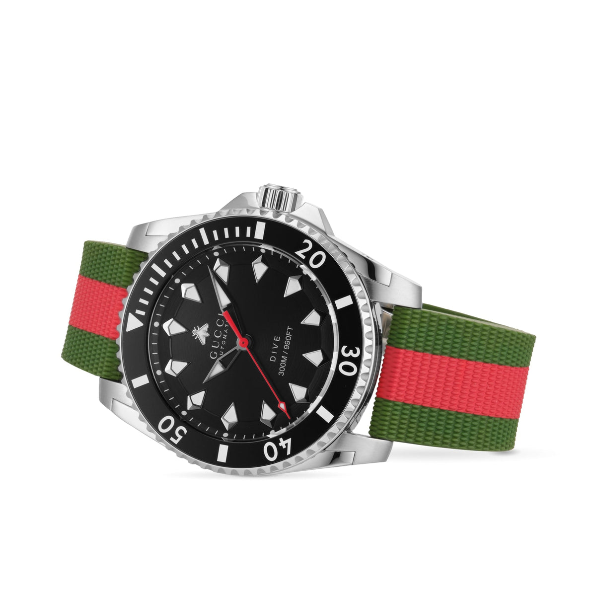 Three-quarter view of Gucci Dive watch showing stainless steel case and Web stripe strap