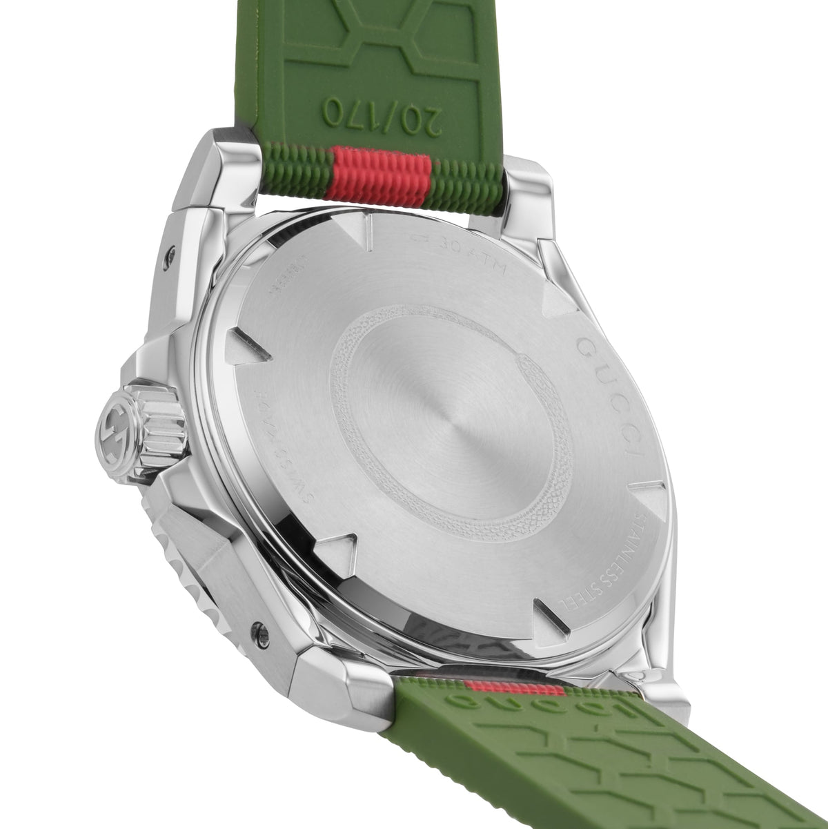 Rear view of Gucci Dive automatic watch caseback with stainless steel and rubber strap