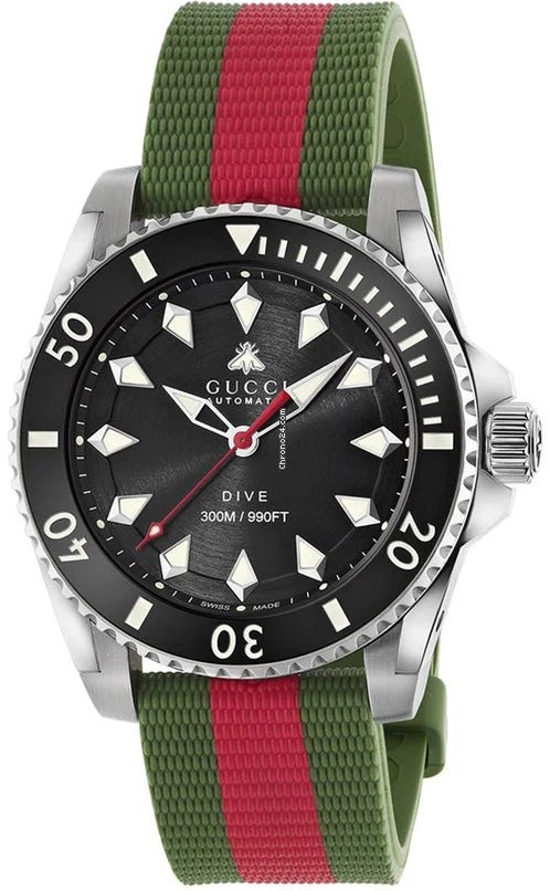 Gucci Dive automatic 40mm watch with black dial and green-red-green striped rubber strap