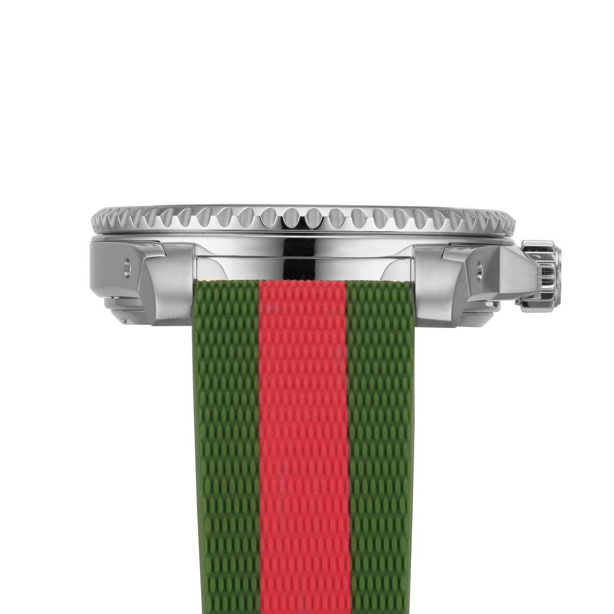 Top view of Gucci Dive watch showing stainless steel case and Web striped rubber strap