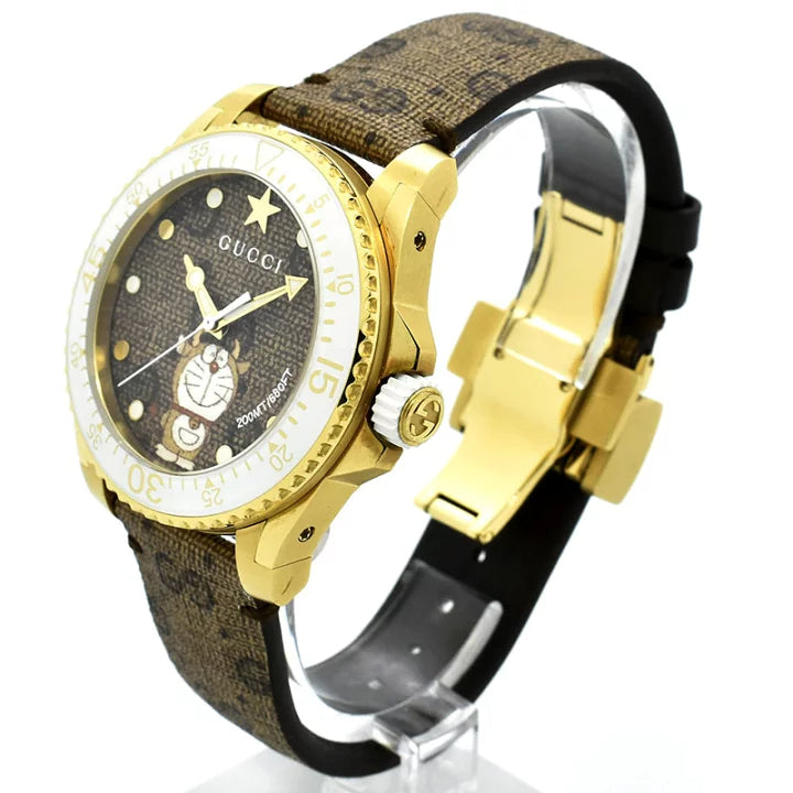Gucci Dive Doraemon Gold PVD Case with Brown Canvas Dial Unisex Watch –YA136334
