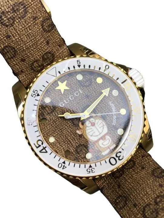 Gucci Dive Doraemon Gold PVD Case with Brown Canvas Dial Unisex Watch –YA136334