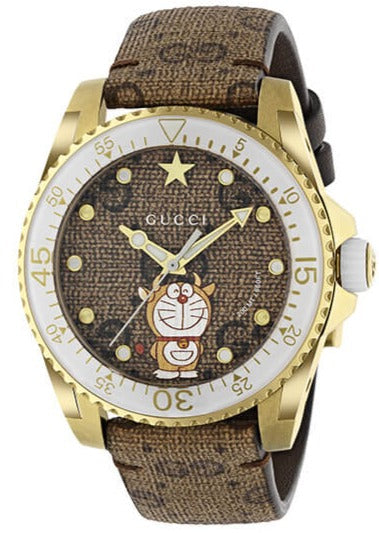 Gucci Dive Doraemon Gold PVD Case with Brown Canvas Dial Unisex Watch –YA136334