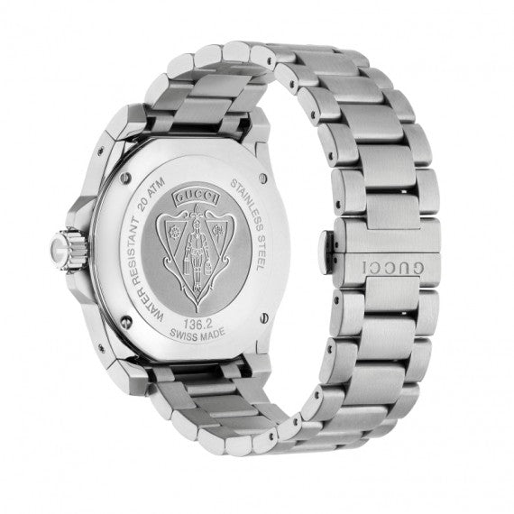 Gucci Dive YA136203 caseback showing engraved shield logo and specifications
