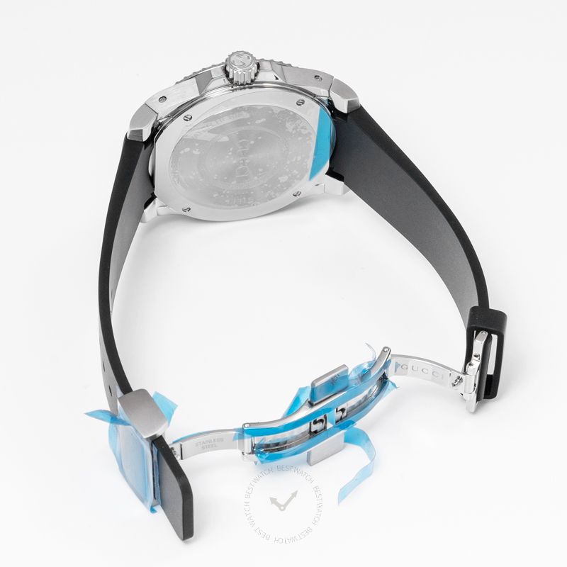 GUCCI Dive 45MM caseback showing stainless steel back with engraved branding and certification