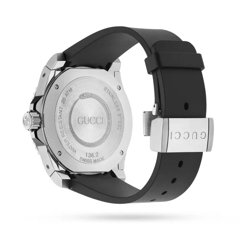 GUCCI Dive 45MM watch from side profile showing stainless steel case, crown, and black rubber strap