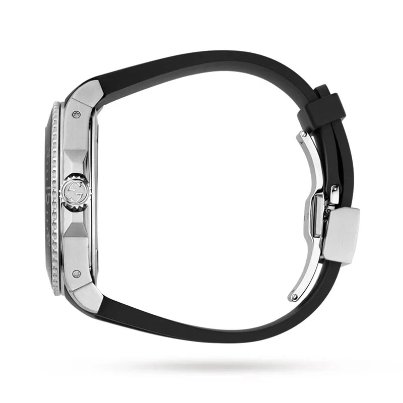 GUCCI Dive 45MM black rubber strap with stainless steel fold-over clasp and GUCCI branding