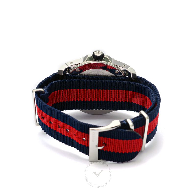 Gucci Dive nylon strap with blue and red stripe pattern and metal buckle closure