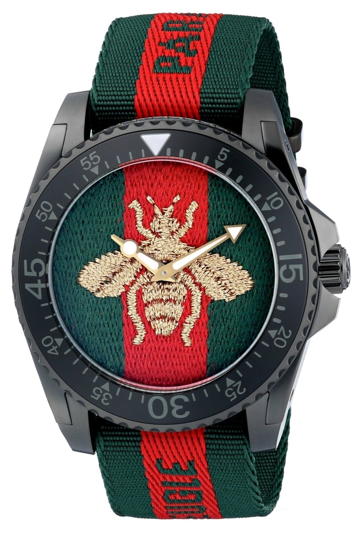 Gucci Dive YA136216 watch with black case, green and red dial featuring gold embroidered bee, and striped nylon strap