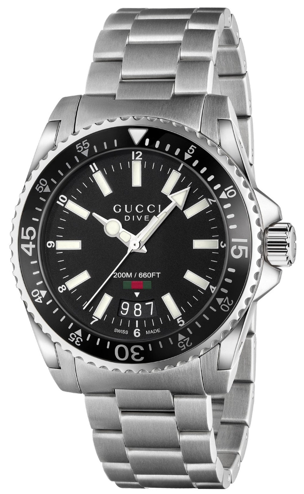 Gucci Dive YA136301 watch at angle showing black dial, bezel, and stainless steel bracelet
