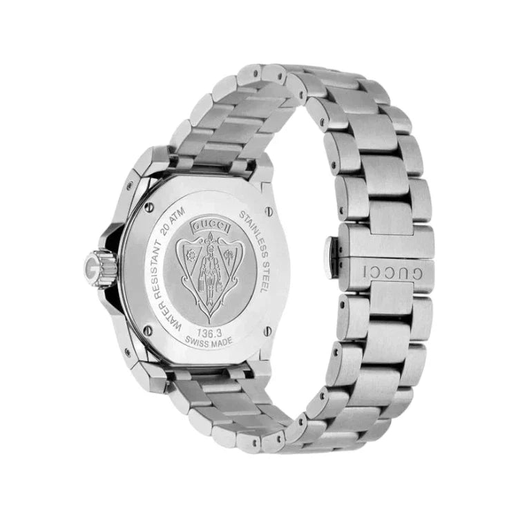 Gucci Dive YA136301 caseback showing engraved Gucci shield logo and Swiss Made marking