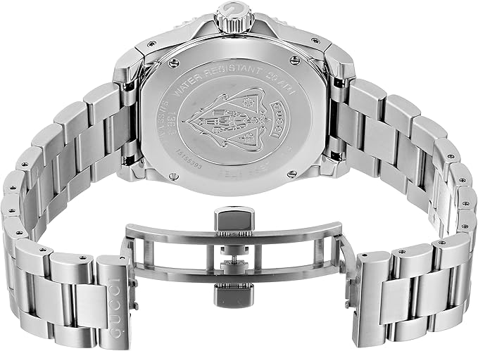 Gucci Dive YA136302 caseback showing Gucci emblem and serial engraving