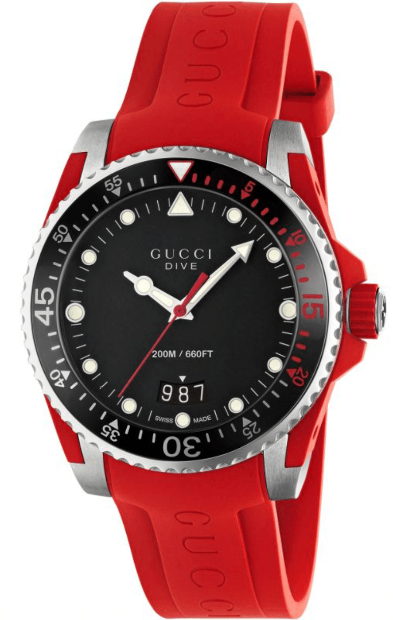 Gucci Dive watch side angle view showing red rubber strap and black dial