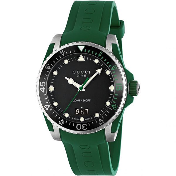 Gucci Dive Black Dial Green Rubber Strap Men's Watch YA136310