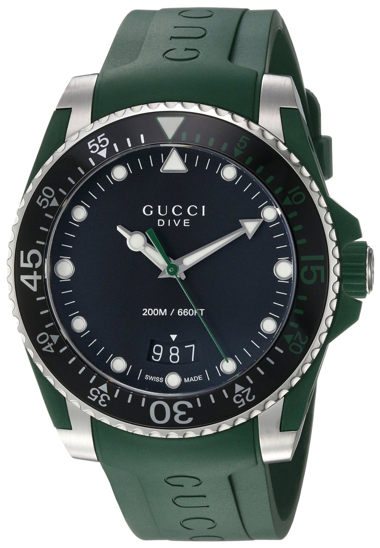 Gucci Dive Black Dial Green Rubber Strap Men's Watch YA136310