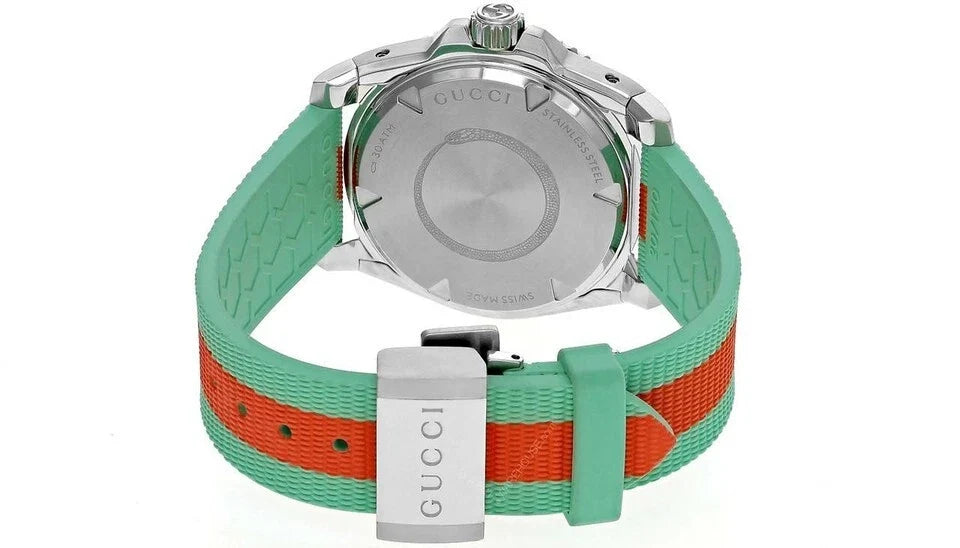 GUCCI Dive watch caseback with turquoise and orange striped rubber strap and fold clasp