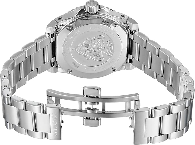 Gucci Dive YA136401 caseback showing stainless steel case and bracelet assembly