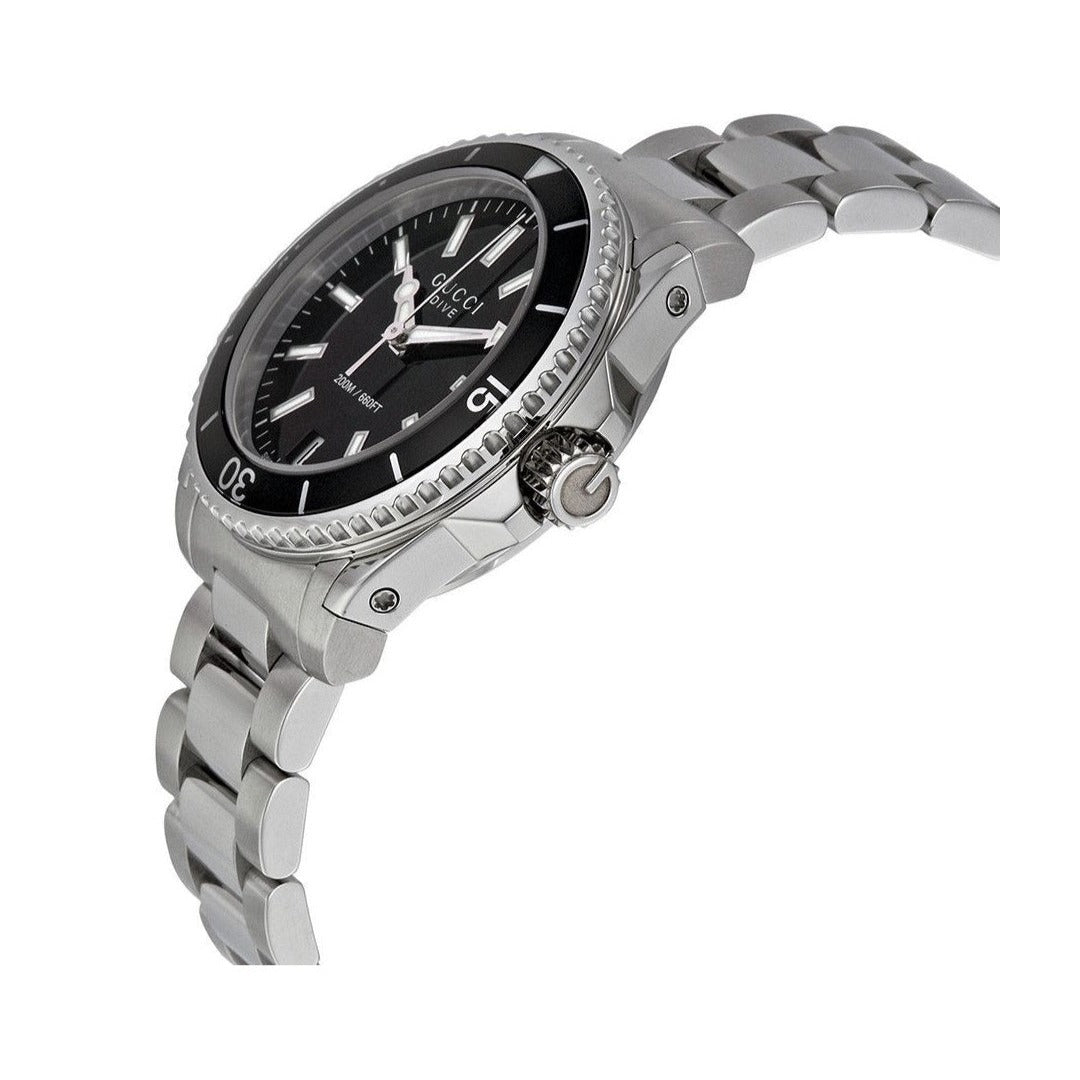 Gucci Dive women's watch side angle showing steel bracelet and case profile
