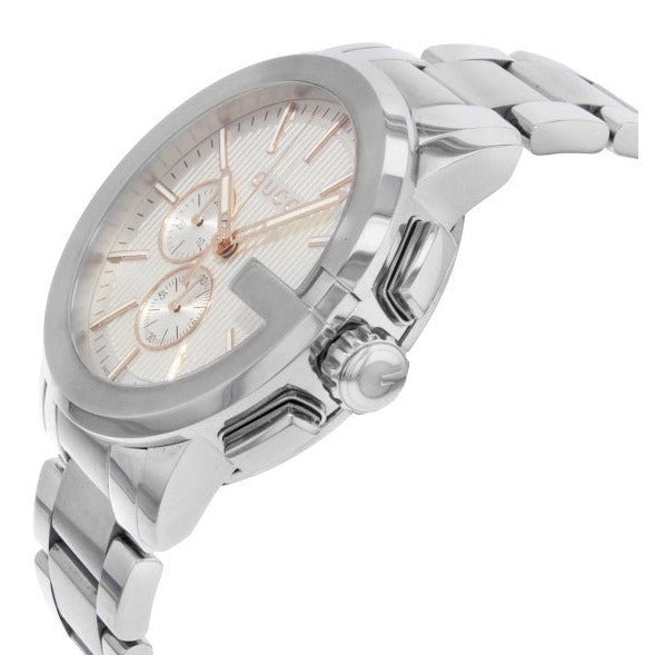 Angled side view of Gucci G-Chrono chronograph displaying silver dial with dual subdials